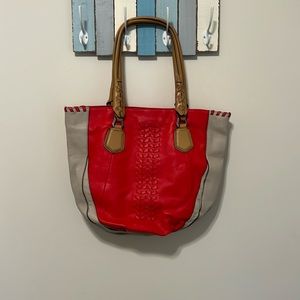 orYany Women’s Lyssie Soft Pebbled Genuine Leather Color-Block Tote / Berry Red